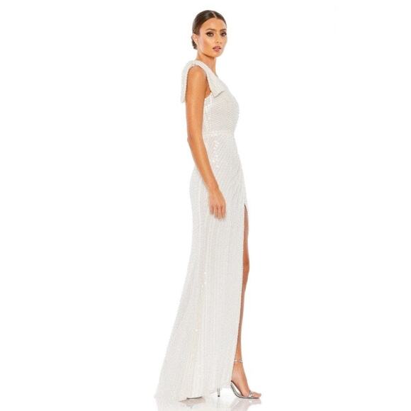 Mac Duggal Ivory One-Shoulder Beaded Evening Gown Thigh Slit Modern Glam 8 NWT - Picture 4 of 8